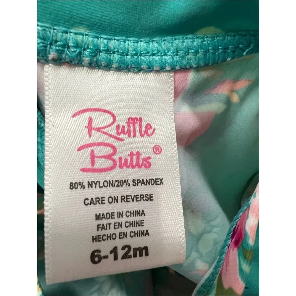 RuffleButts green and pink floral back zipper rash guard one piece swim 6-2 m